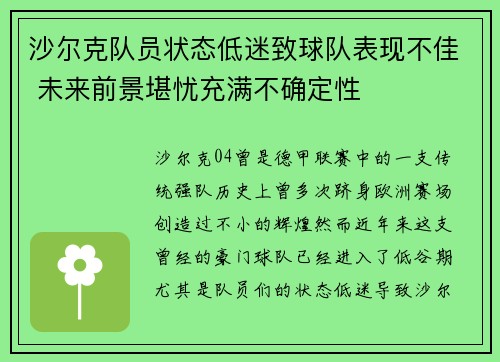 沙尔克队员状态低迷致球队表现不佳 未来前景堪忧充满不确定性