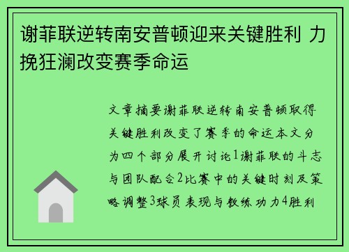 谢菲联逆转南安普顿迎来关键胜利 力挽狂澜改变赛季命运